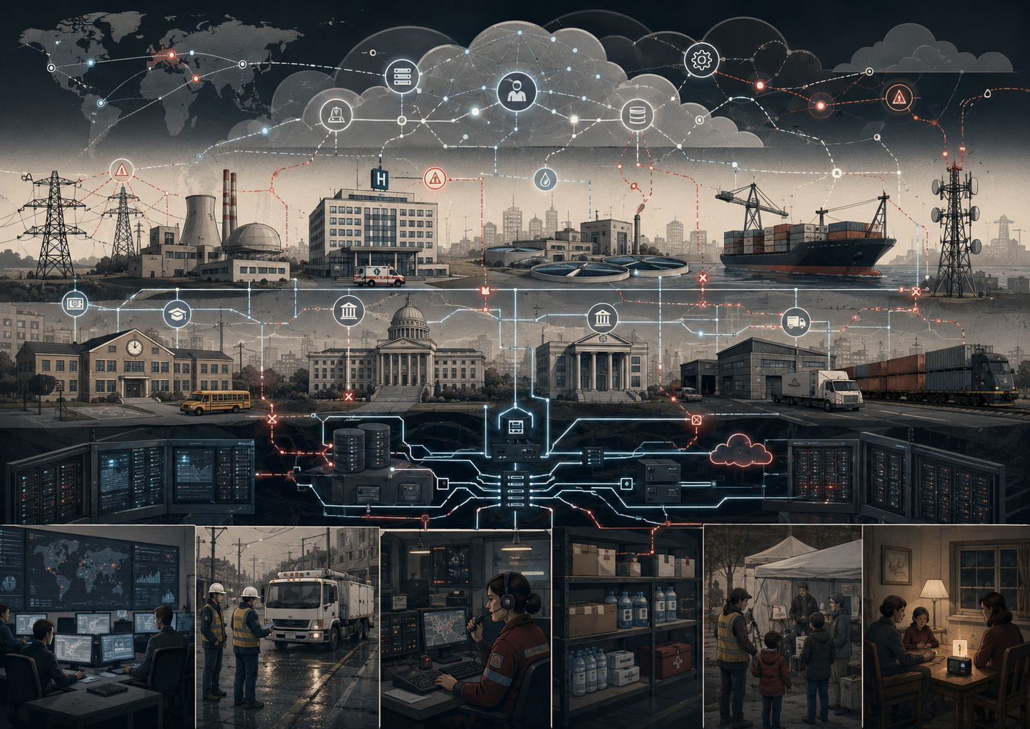 Editorial illustration of interconnected hospitals, utilities, data centers, cloud systems, logistics networks, public agencies, and households showing cyber risk, digital dependency, and resilient infrastructure under stress.