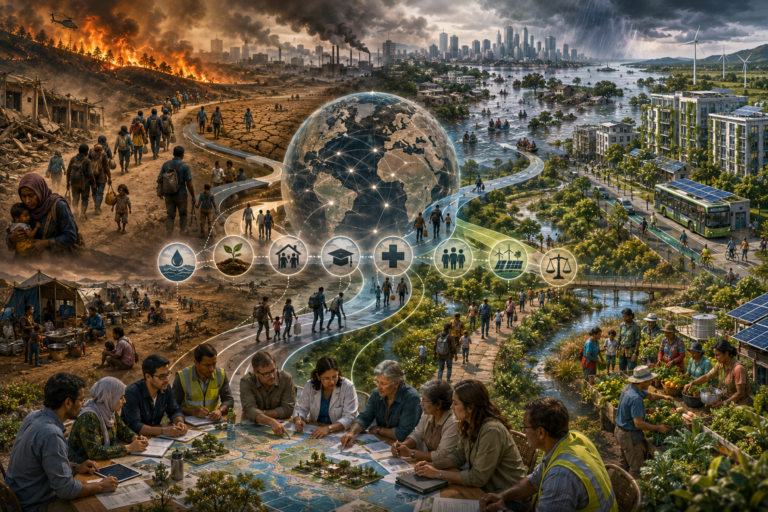 Editorial illustration showing communities under climate and displacement stress alongside resilient public infrastructure, ecological buffers, planning teams, and social protection systems.