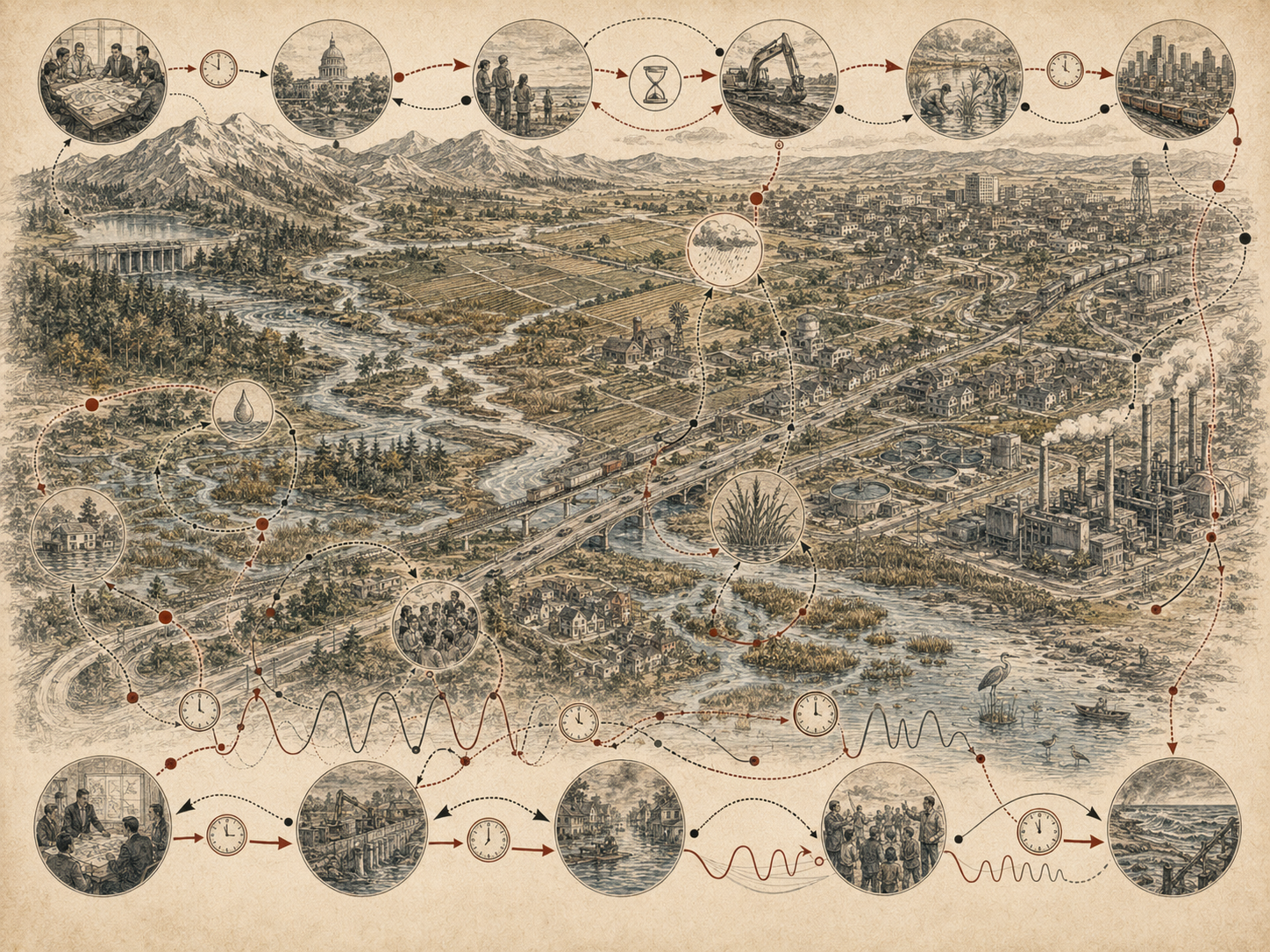 Scholarly systems-thinking illustration of a regional landscape with rivers, wetlands, farms, neighborhoods, infrastructure, industry, civic planning scenes, clocks, looped pathways, and delayed feedback signals.