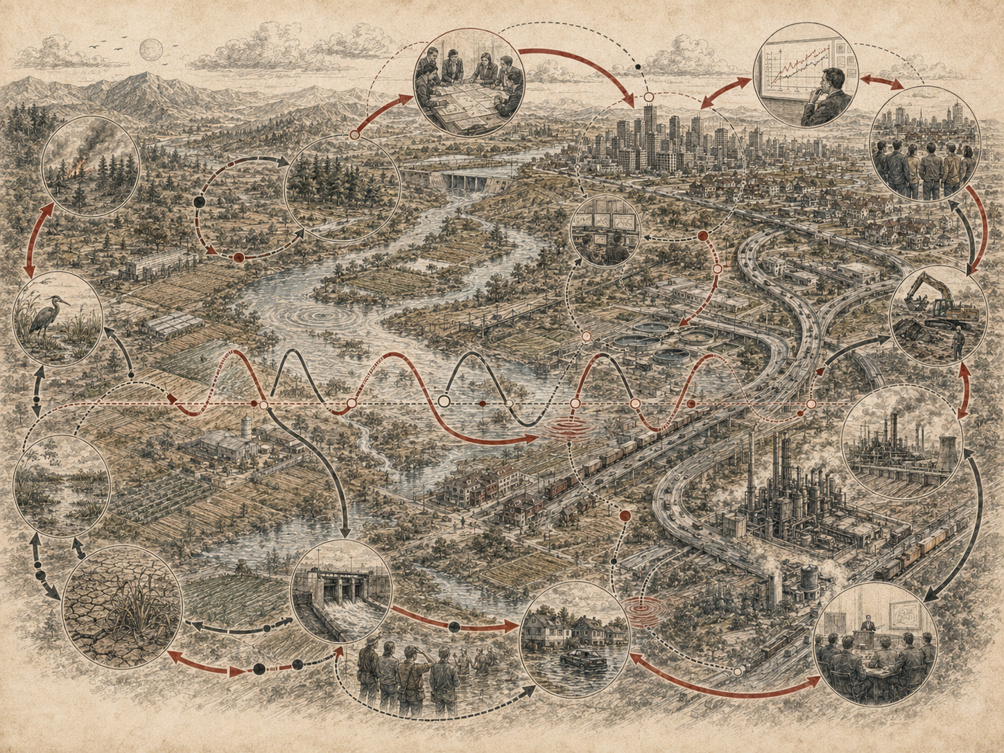 Scholarly editorial illustration of ecological, industrial, urban, agricultural, and civic systems connected by delayed feedback loops, oscillating curves, circular pathways, and decision-making scenes.
