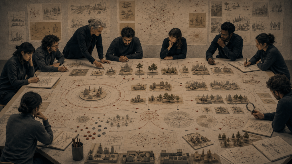Editorial illustration of a design team evaluating multiple implementation sites, prototype outcomes, systems diagrams, feedback pathways, measurement charts, and learning cycles across a large research table.