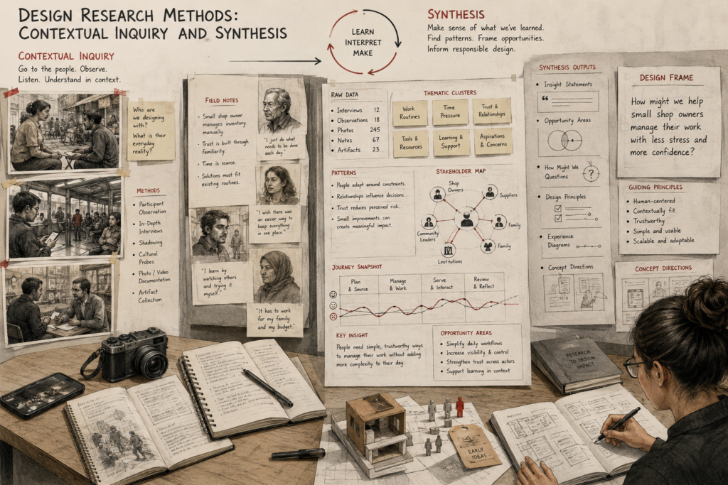 Editorial illustration of a design research workspace showing contextual inquiry, field notes, stakeholder interviews, thematic clustering, journey mapping, synthesis outputs, and concept directions.
