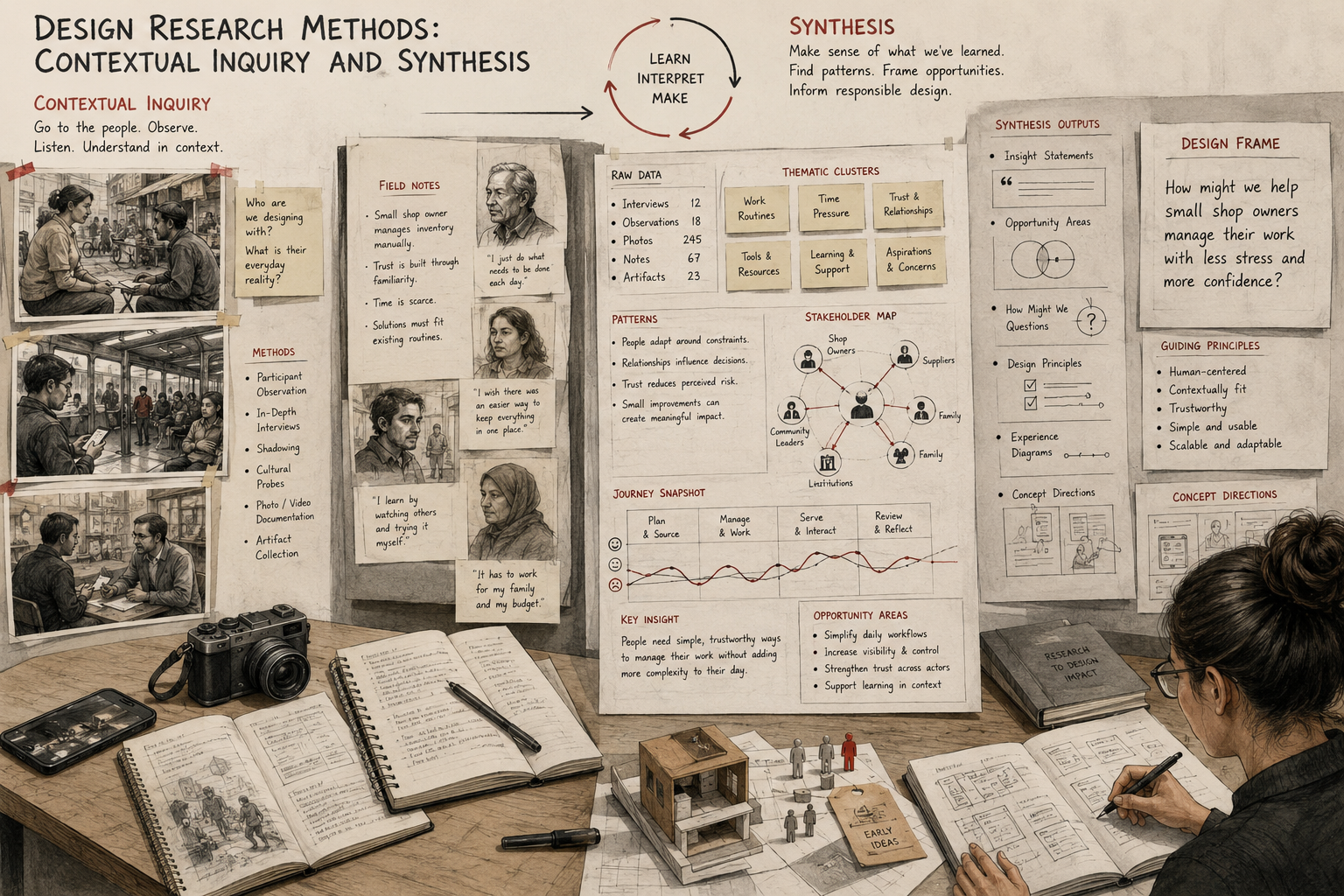 Editorial illustration of a design research workspace showing contextual inquiry, field notes, stakeholder interviews, thematic clustering, journey mapping, synthesis outputs, and concept directions.
