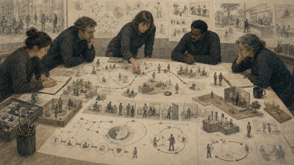 Editorial illustration of a design team studying behavioral pathways, decision points, user environments, feedback loops, stakeholder scenes, and prototype interventions across a large research table.