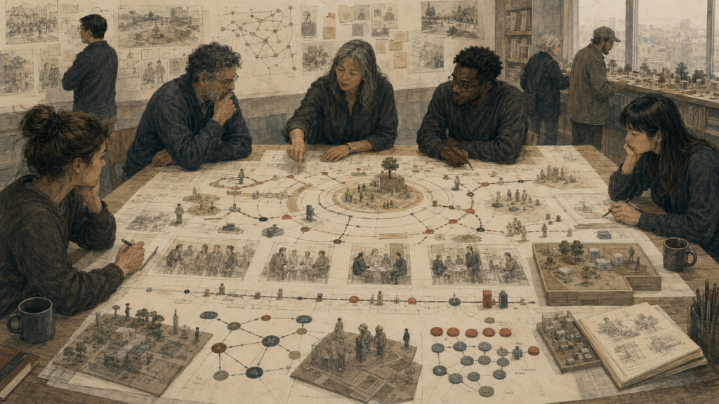 Editorial illustration of a strategic design team studying systems maps, stakeholder scenes, organizational models, decision pathways, feedback loops, and long-term planning diagrams across a large research table.