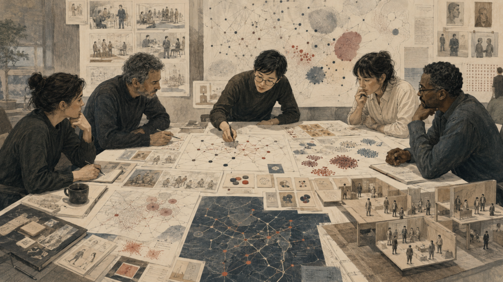 Editorial illustration of a design research team studying data maps, AI-assisted pattern analysis, stakeholder evidence, interview sketches, systems diagrams, and prototype environments across a large research table.