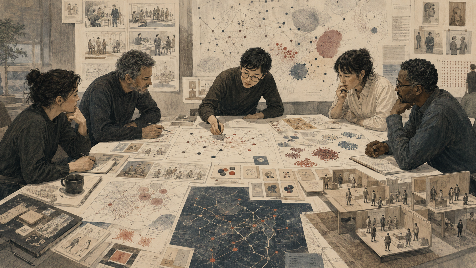 Editorial illustration of a design research team studying data maps, AI-assisted pattern analysis, stakeholder evidence, interview sketches, systems diagrams, and prototype environments across a large research table.