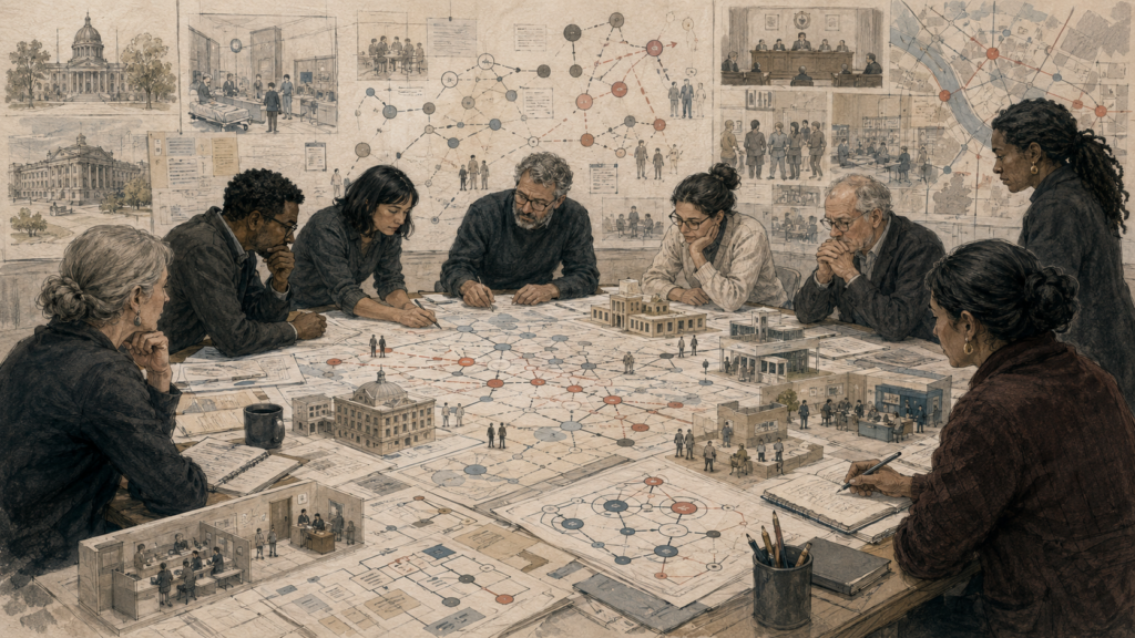 Editorial illustration of a diverse group studying institutional systems, public buildings, service environments, stakeholder networks, governance diagrams, and organizational pathways across a large research table.