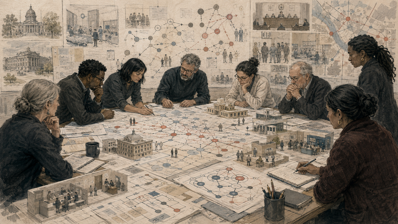 Editorial illustration of a diverse group studying institutional systems, public buildings, service environments, stakeholder networks, governance diagrams, and organizational pathways across a large research table.
