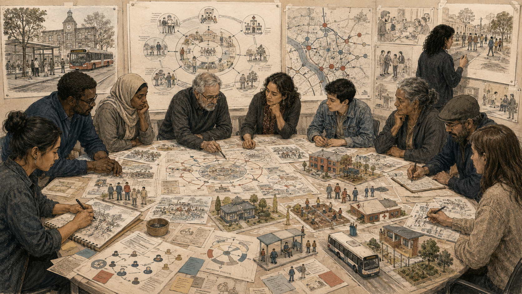 Editorial illustration of a diverse community group and design practitioners gathered around a planning table with public service models, transit systems, civic maps, stakeholder diagrams, and community outcome pathways.