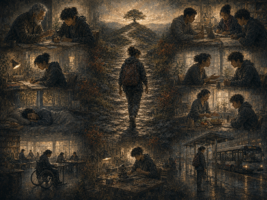 Painterly editorial illustration of a person walking a rugged path surrounded by supportive learning, mentoring, rest, food, accessibility, collaboration, transportation, and focused work environments.