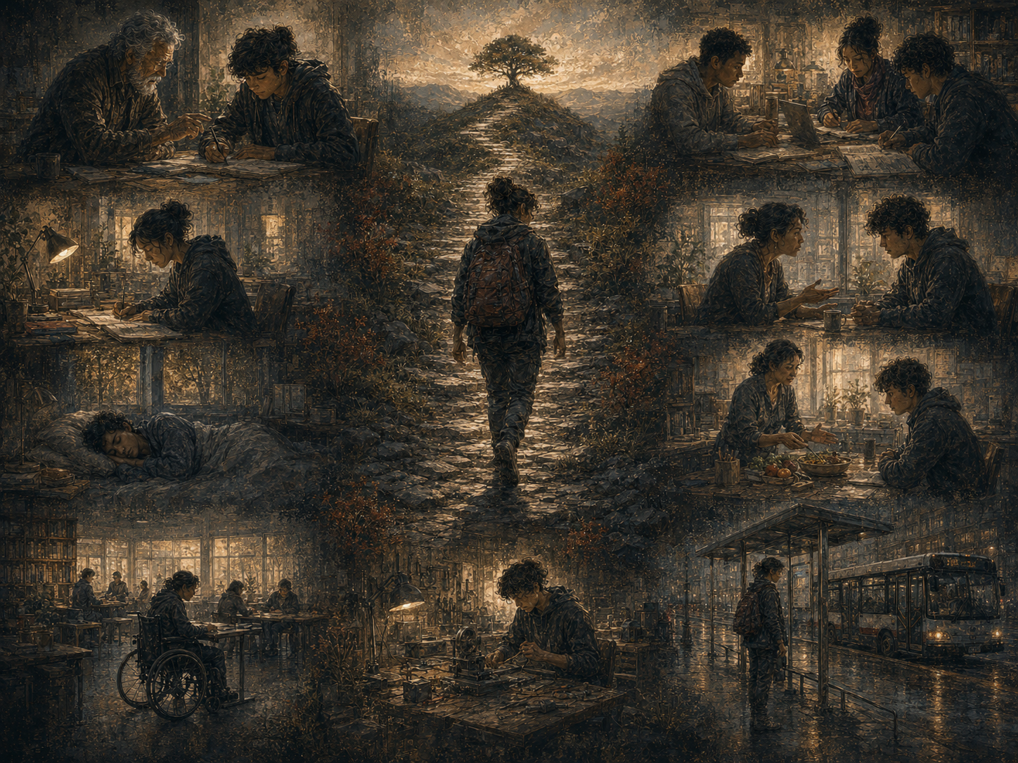 Painterly editorial illustration of a person walking a rugged path surrounded by supportive learning, mentoring, rest, food, accessibility, collaboration, transportation, and focused work environments.