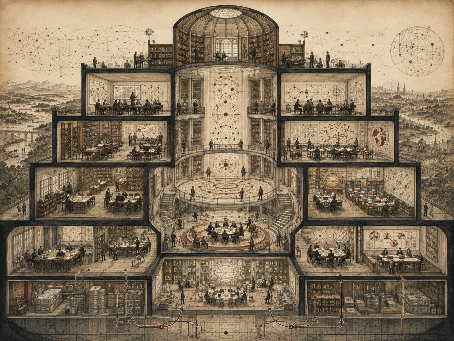 Editorial illustration of a multi-level educational knowledge system with classrooms, libraries, collaborative learning spaces, concept maps, archives, and connected learning pathways.