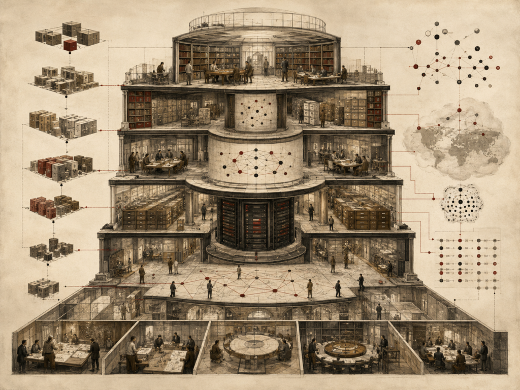Editorial illustration of a multi-level scalable knowledge system with modular archives, data infrastructure, collaborative workrooms, semantic networks, and expanding knowledge blocks.