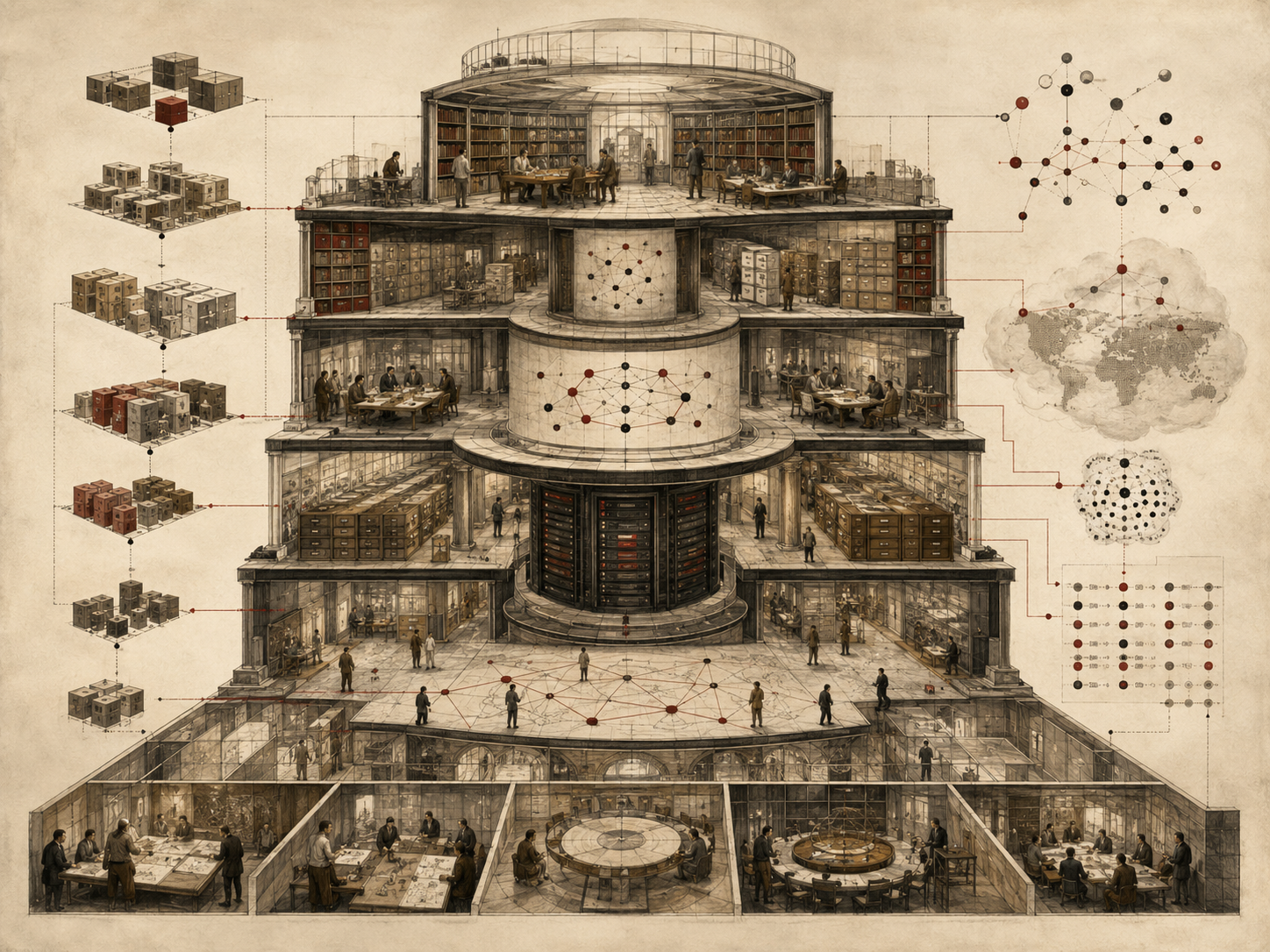 Editorial illustration of a multi-level scalable knowledge system with modular archives, data infrastructure, collaborative workrooms, semantic networks, and expanding knowledge blocks.