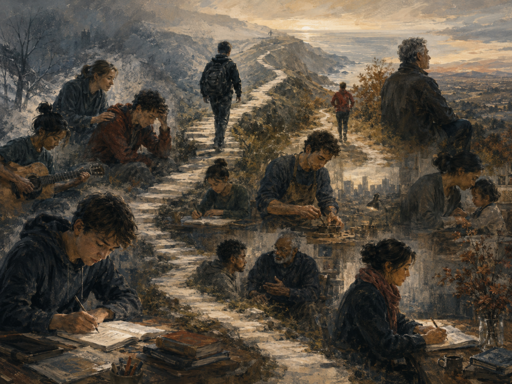 Painterly editorial illustration of grit developing across the life course, showing adolescents and adults studying, practicing, reflecting, receiving support, mentoring, caregiving, and walking along a long path.