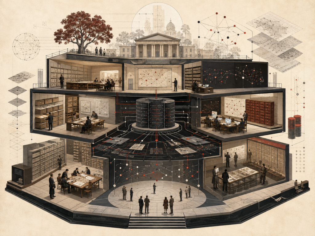 Editorial illustration of a multi-level digital knowledge platform with archives, research rooms, semantic networks, data infrastructure, public institutions, and interconnected analytical spaces.