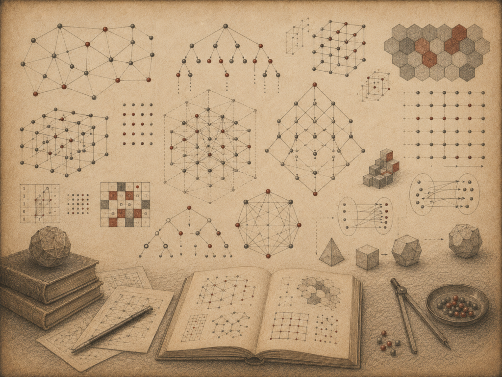 Scholarly editorial illustration of graphs, trees, grids, networks, mappings, lattice structures, polyhedra, and combinatorial diagrams arranged across textured parchment.