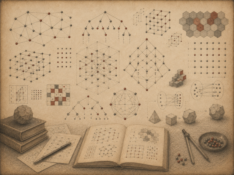 Scholarly editorial illustration of graphs, trees, grids, networks, mappings, lattice structures, polyhedra, and combinatorial diagrams arranged across textured parchment.