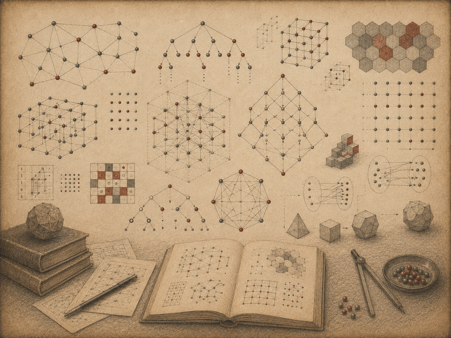 Scholarly editorial illustration of graphs, trees, grids, networks, mappings, lattice structures, polyhedra, and combinatorial diagrams arranged across textured parchment.