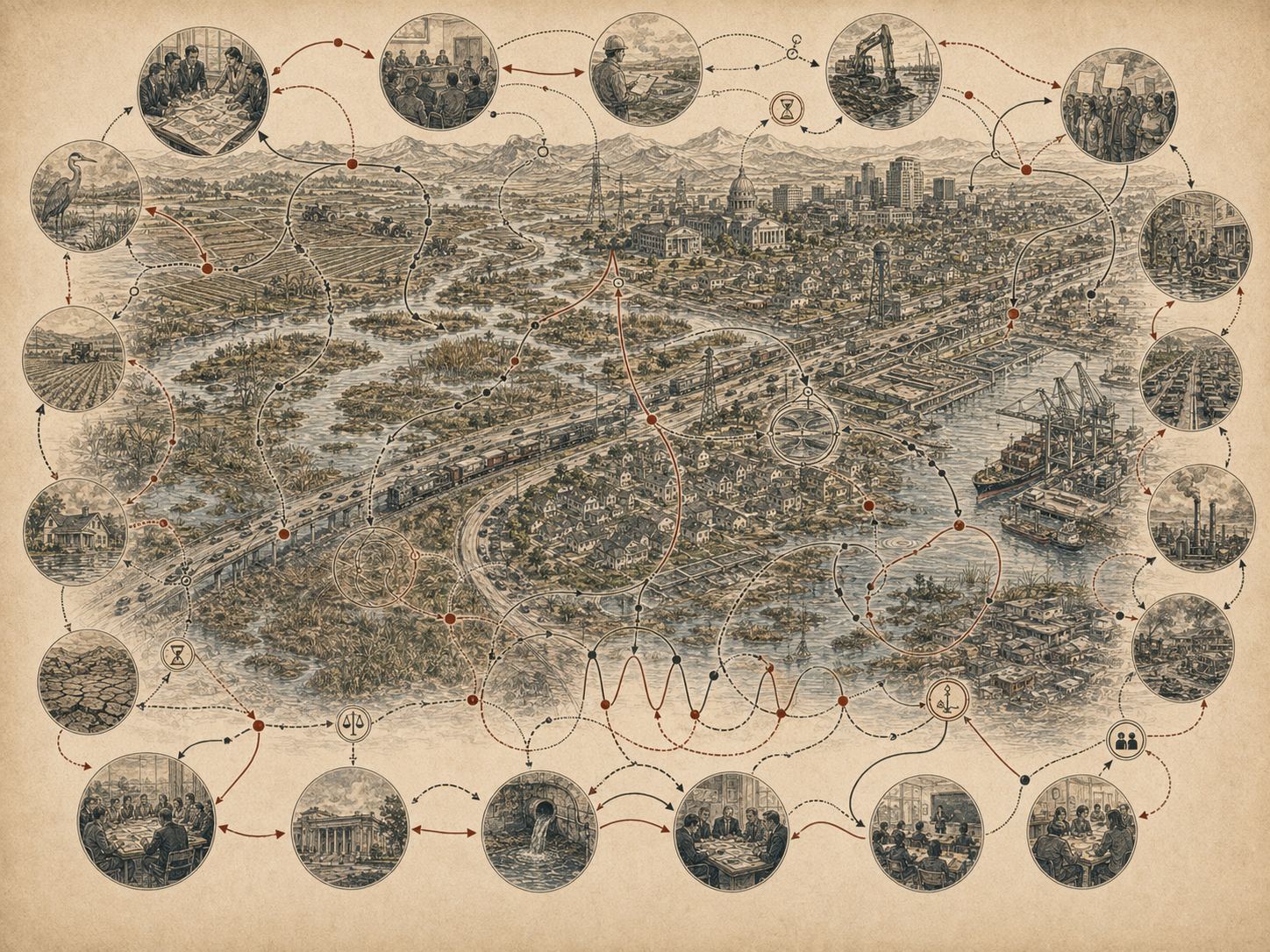 Scholarly systems-thinking illustration of a regional landscape with wetlands, farms, cities, ports, industry, infrastructure, public meetings, protests, policy institutions, and tangled feedback pathways.