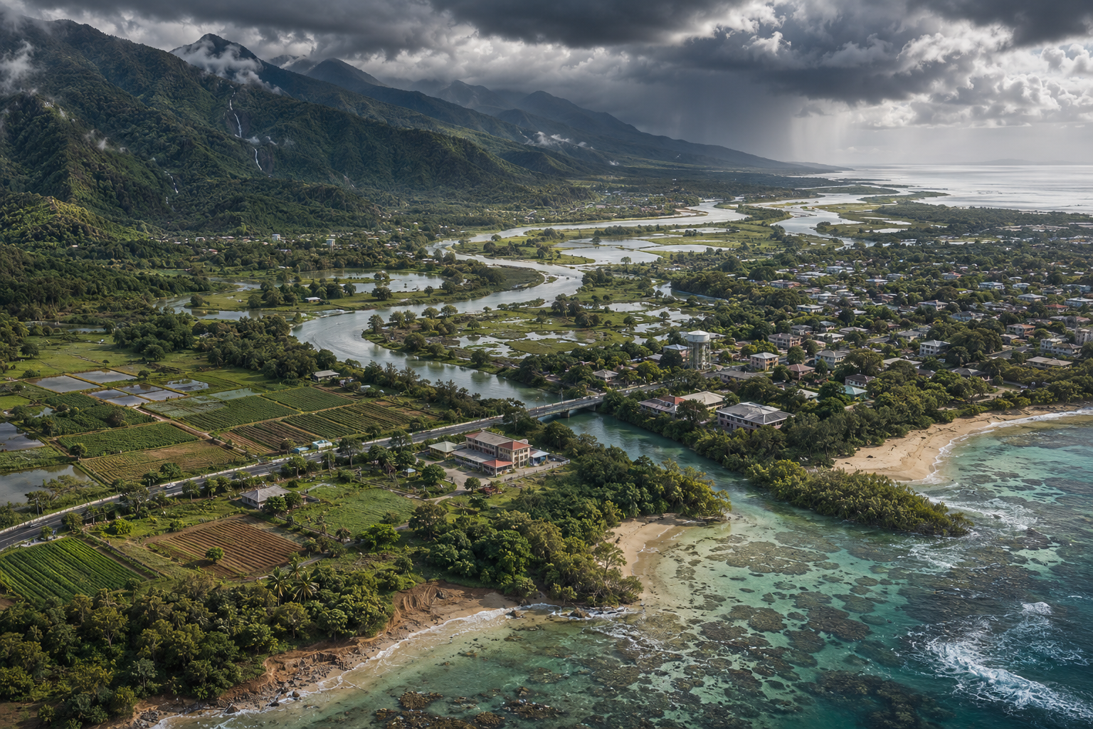 Editorial sustainability illustration showing wetlands, floodplains, forests, mangroves, reefs, soils, rivers, and urban green space protecting nearby communities and infrastructure through connected natural-buffer systems.