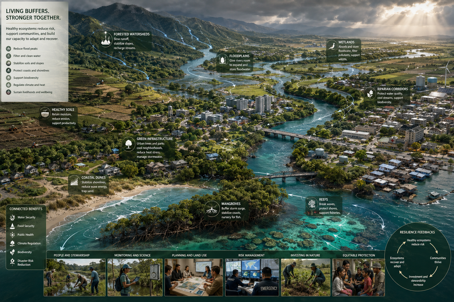 Editorial sustainability illustration showing wetlands, floodplains, forests, mangroves, reefs, soils, rivers, and urban green space protecting nearby communities and infrastructure through connected natural-buffer systems.