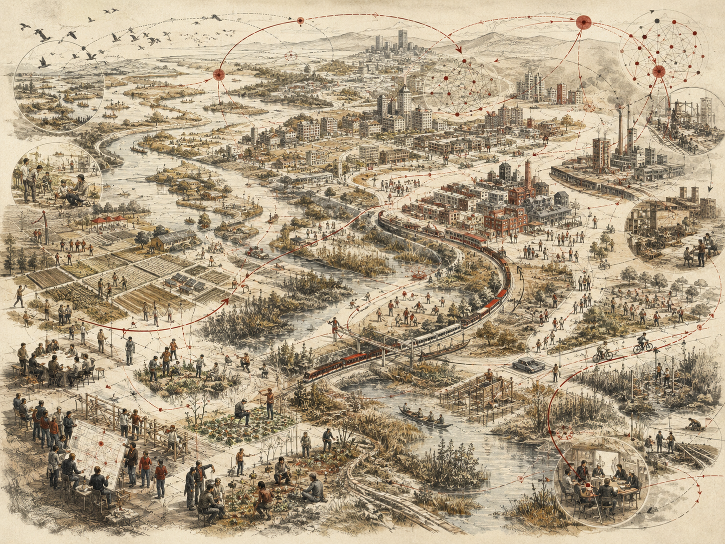 Scholarly systems-thinking illustration of an adaptive regional system with wetlands, farms, transit, neighborhoods, cities, community planning, ecological restoration, and networked feedback pathways.