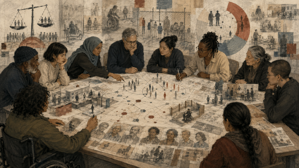 Editorial illustration of a diverse group gathered around a design research table with equity diagrams, stakeholder maps, accessibility scenes, power relationships, and community portraits.