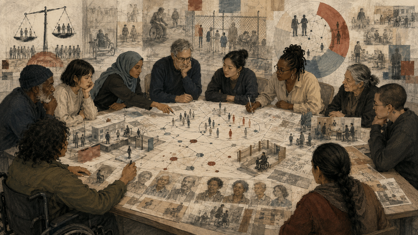 Editorial illustration of a diverse group gathered around a design research table with equity diagrams, stakeholder maps, accessibility scenes, power relationships, and community portraits.