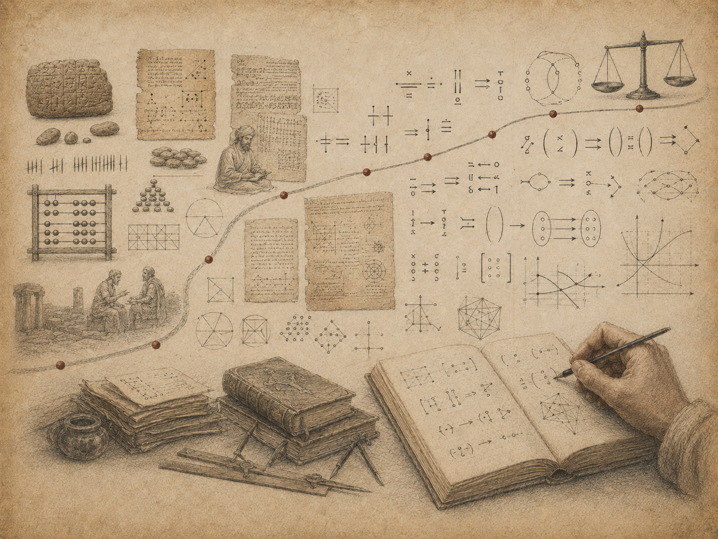 Scholarly editorial illustration of ancient tablets, abacus forms, manuscripts, symbolic marks, algebraic diagrams, balance scales, graphs, open books, and a hand writing notation on textured parchment.