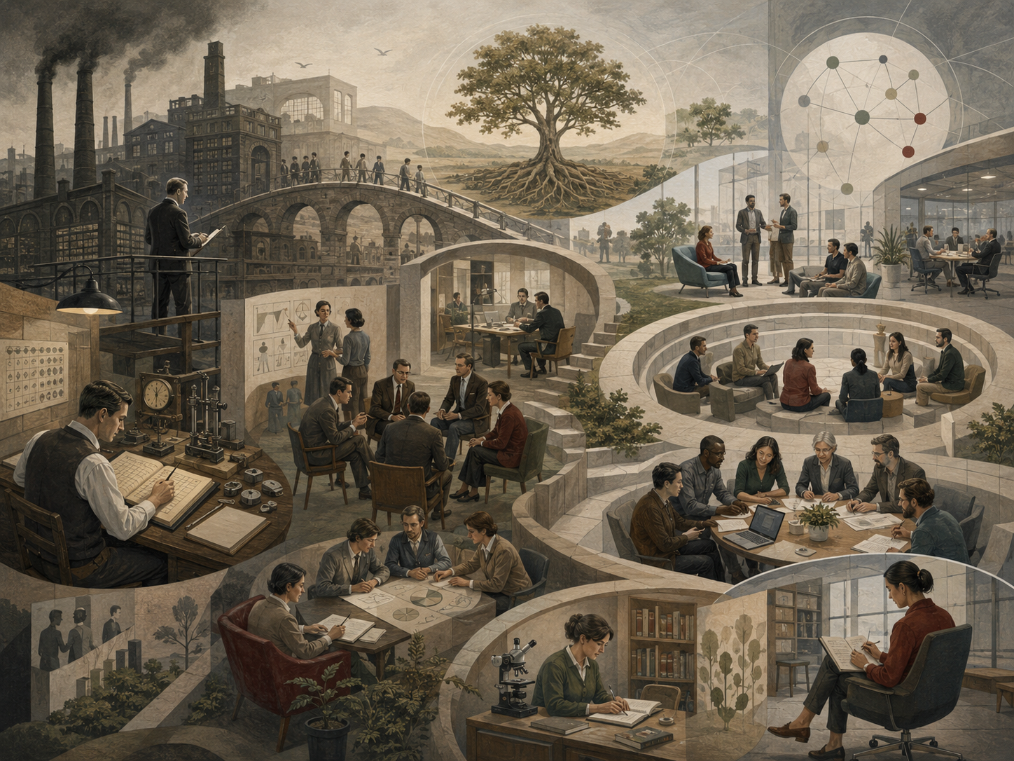 Restrained institutional illustration showing the historical evolution of organizational psychology from industrial-era workplaces to modern collaborative, research-based organizational systems.