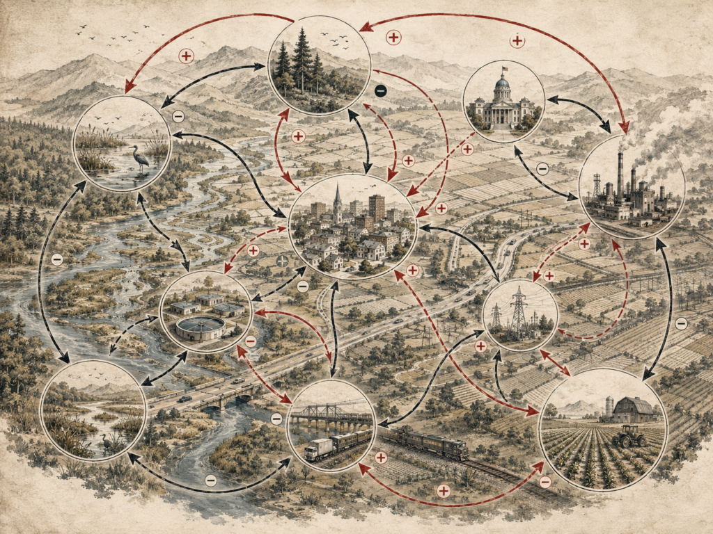 Scholarly editorial illustration of a regional landscape with rivers, wetlands, farms, cities, industry, infrastructure, and public institutions connected by red and black causal arrows with positive and negative polarity signs.