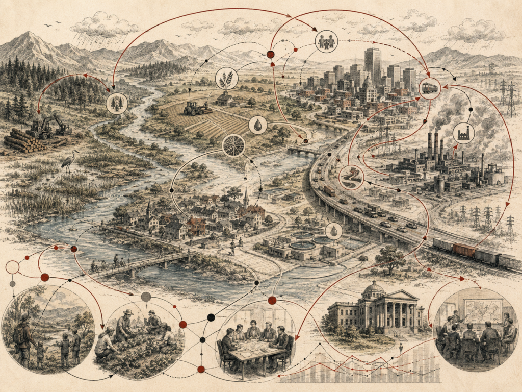 Scholarly editorial illustration of interconnected ecological, civic, industrial, transportation, agricultural, and community systems, with circular feedback arrows, rivers, cities, forests, infrastructure, and institutions.