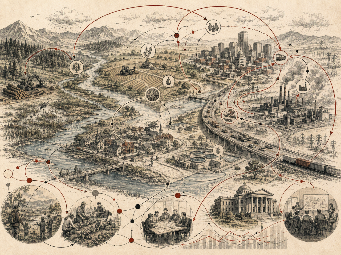 Scholarly editorial illustration of interconnected ecological, civic, industrial, transportation, agricultural, and community systems, with circular feedback arrows, rivers, cities, forests, infrastructure, and institutions.