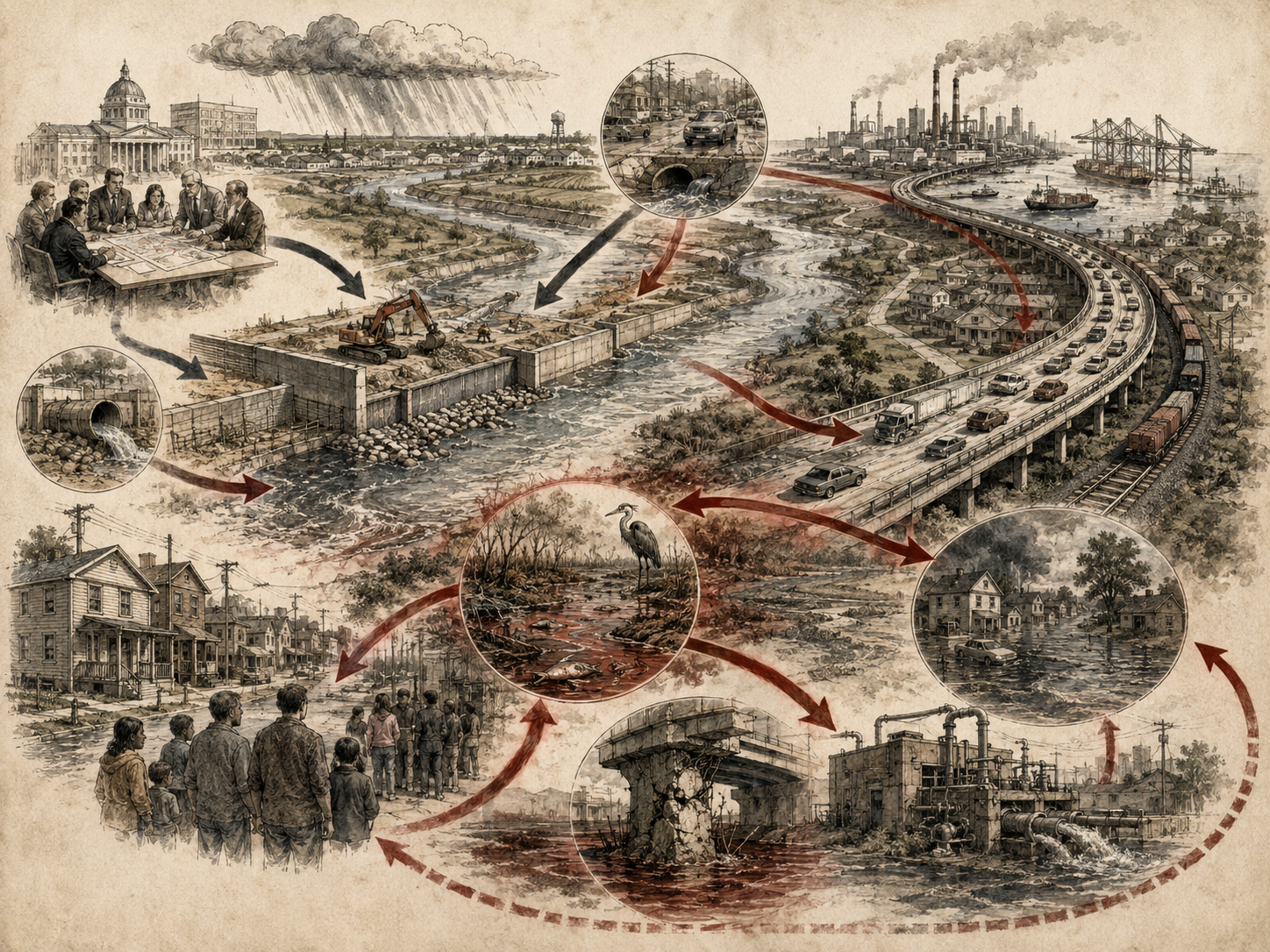 Scholarly systems-thinking illustration of urban flooding, infrastructure repairs, highways, industry, neighborhoods, damaged waterways, public planning scenes, and feedback loops showing unintended consequences.