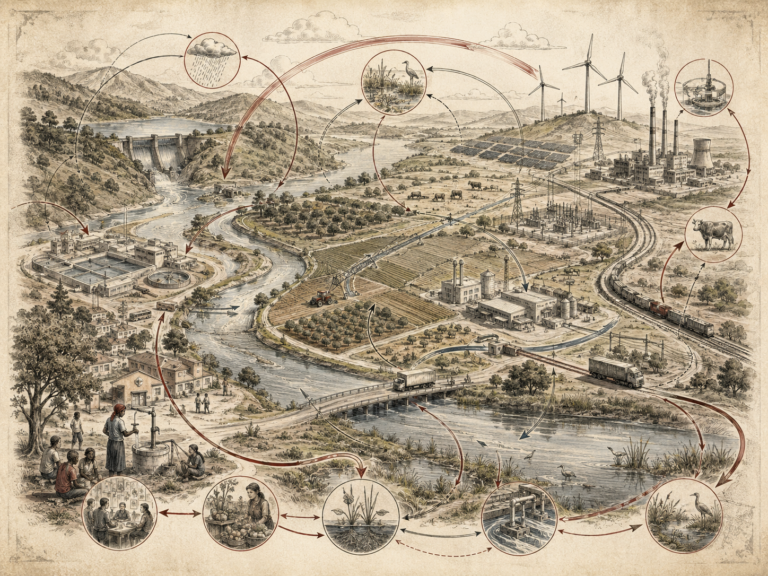 Scholarly systems-thinking illustration of interconnected food, water, and energy systems, showing rivers, dams, farms, irrigation, livestock, wetlands, renewable energy, industry, transport, and communities connected by feedback pathways.