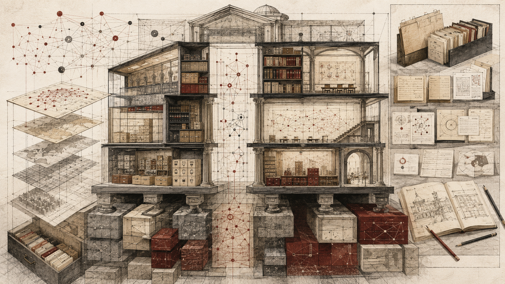 Editorial illustration of a transparent library-like knowledge structure with archives, diagrams, linked nodes, research maps, modular foundations, and architectural supports.