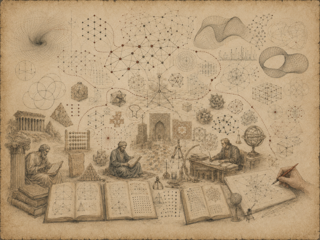 Scholarly editorial illustration of mathematical foundations across history, showing geometric diagrams, networks, manuscripts, scholars, instruments, abstract structures, and modern relational forms on textured parchment.