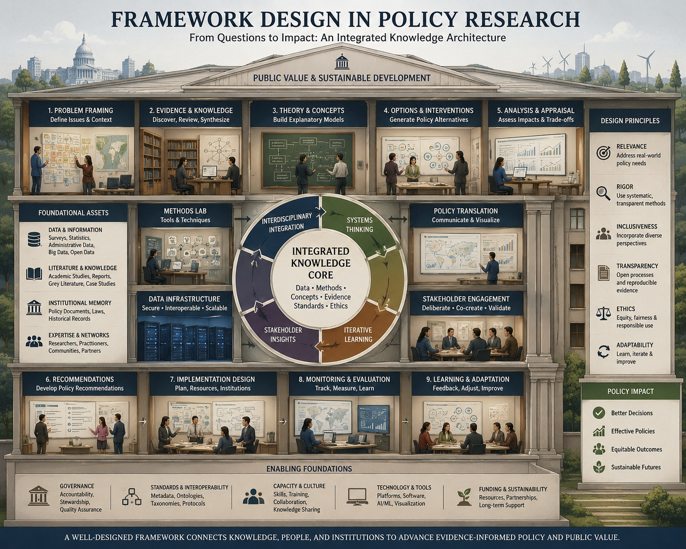 Detailed infographic-style illustration of a policy research framework inside an institutional building, with sections for evidence, methods, stakeholder engagement, analysis, implementation, learning, and public value.