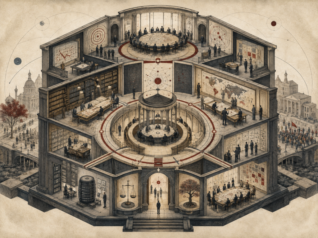 Editorial illustration of a circular institutional policy-research structure with deliberation rooms, archives, maps, analytical workspaces, public-facing civic space, and interconnected decision pathways.