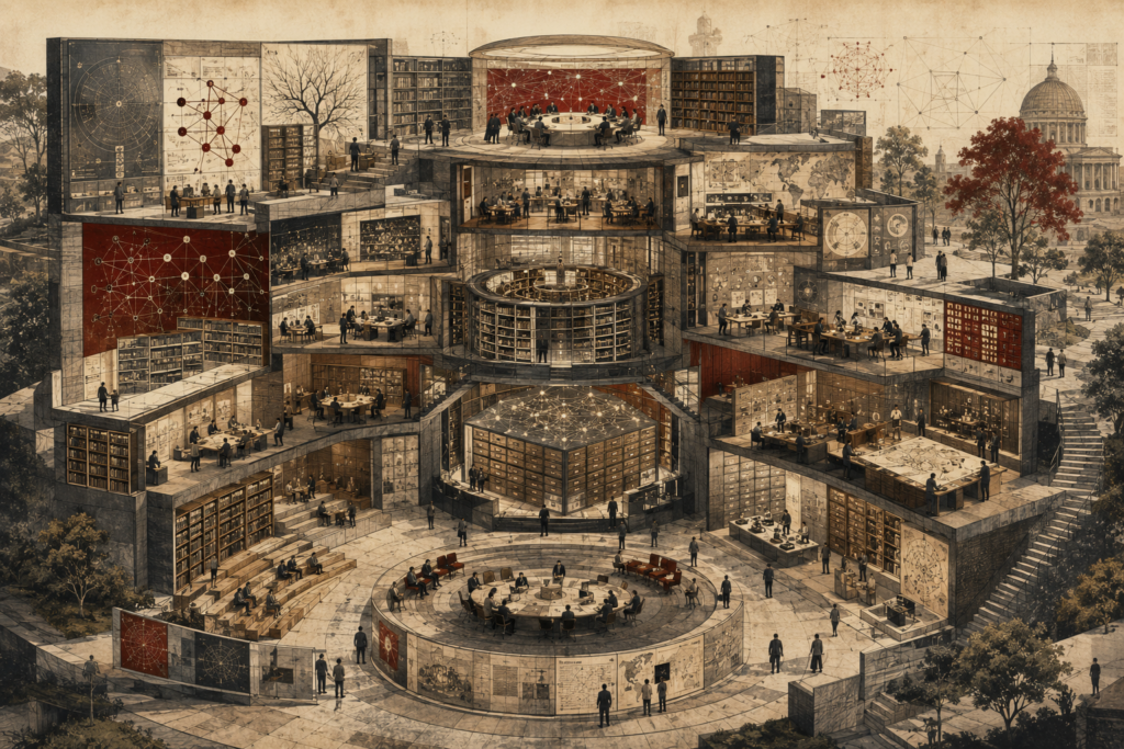 Editorial illustration of a future knowledge platform as a layered civic research institution with archives, libraries, collaboration rooms, semantic diagrams, data repositories, and public knowledge spaces.