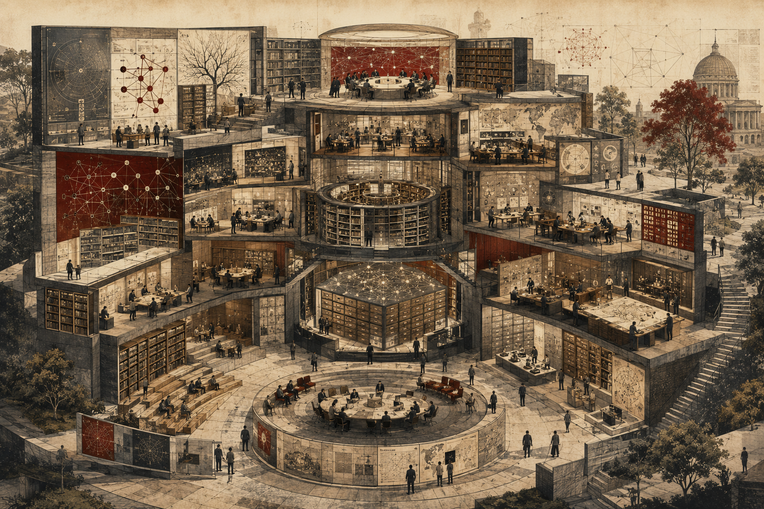 Editorial illustration of a future knowledge platform as a layered civic research institution with archives, libraries, collaboration rooms, semantic diagrams, data repositories, and public knowledge spaces.