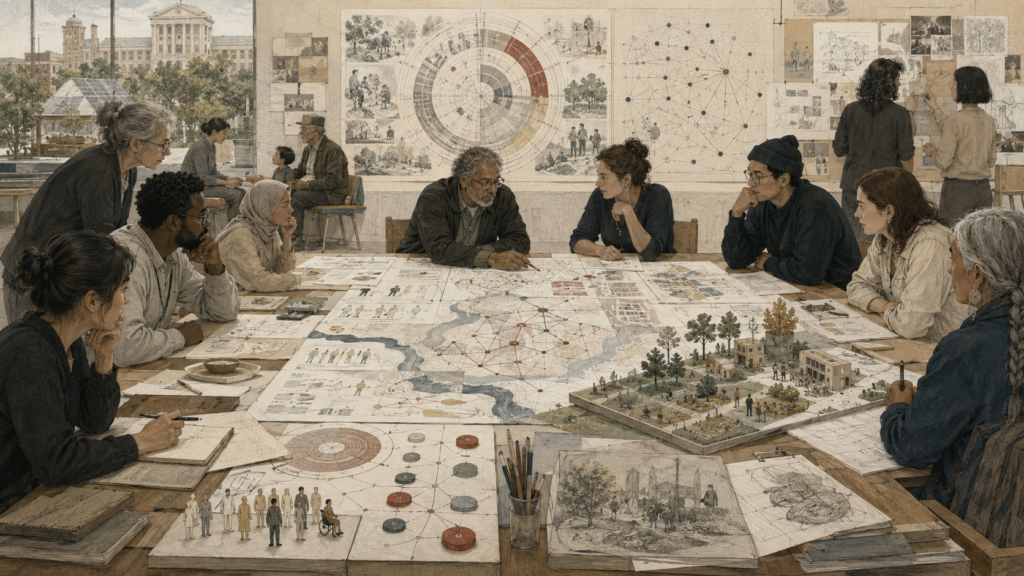 Editorial illustration of a diverse design group gathered around a large research table with systems maps, community models, ecological plans, stakeholder figures, feedback diagrams, and institutional sketches.