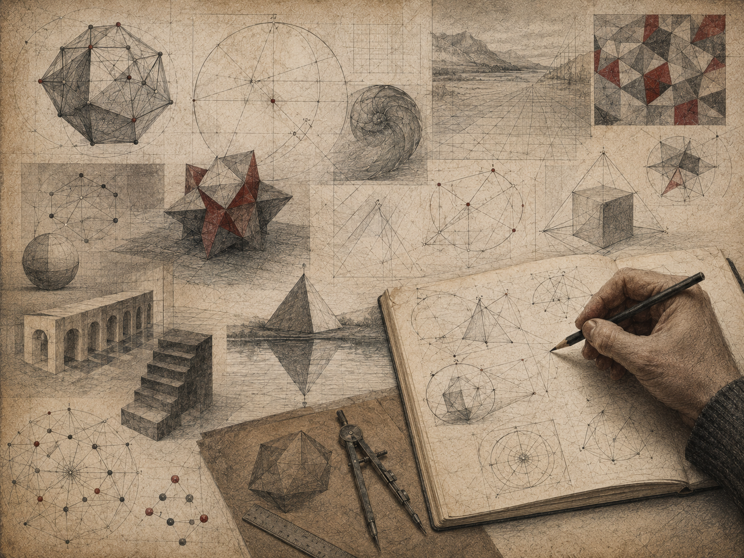 Scholarly editorial illustration of geometric constructions, polyhedra, perspective grids, circles, pyramids, spatial diagrams, drawing instruments, and a hand sketching in an open notebook on textured parchment.