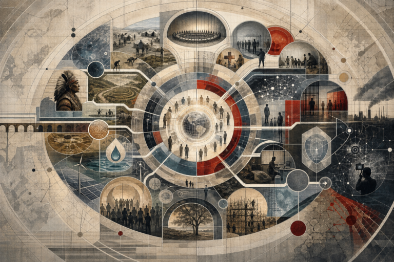 Editorial illustration of international organizations shown as a layered global governance system with interconnected chambers, humanitarian pathways, institutional corridors, public-accountability networks, and social, legal, environmental, and humanitarian infrastructures radiating from a central global core.