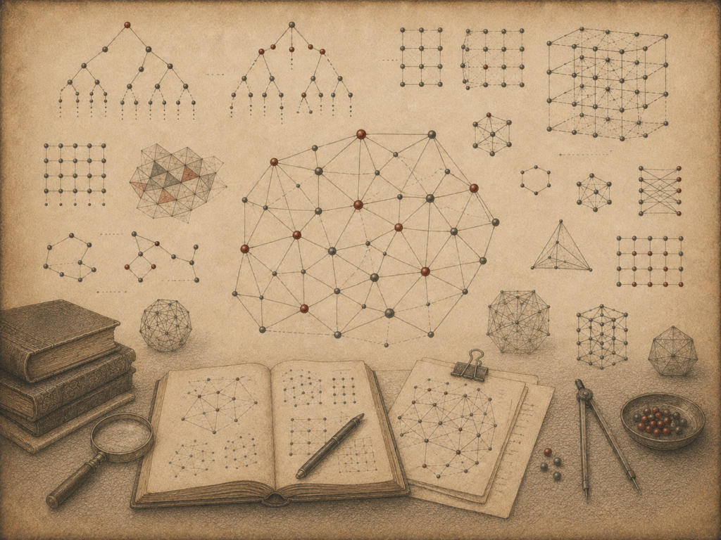 Scholarly editorial illustration of graph networks, branching trees, grids, node-link structures, polyhedra, notebooks, books, and mathematical instruments on textured parchment.