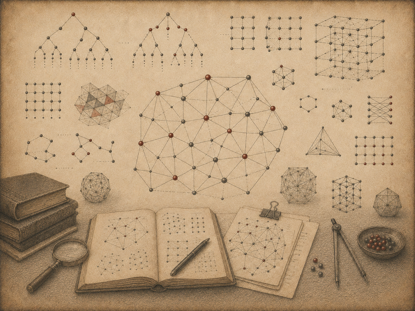 Scholarly editorial illustration of graph networks, branching trees, grids, node-link structures, polyhedra, notebooks, books, and mathematical instruments on textured parchment.