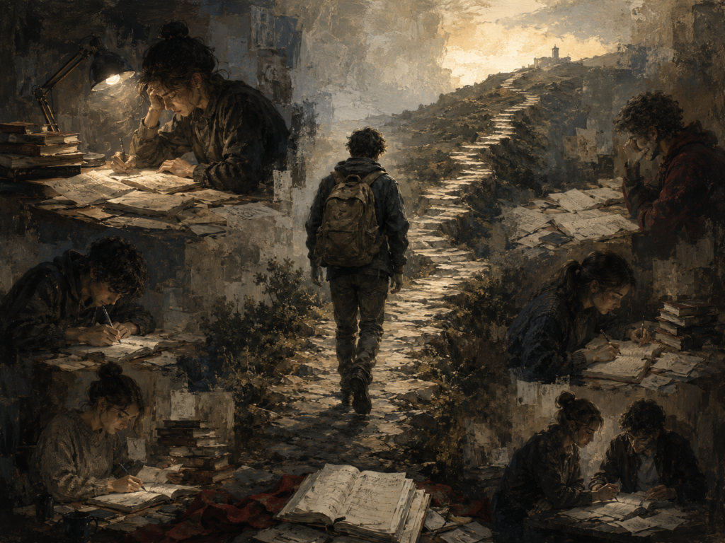 Painterly editorial illustration of academic persistence, showing students studying, writing, reading, working through fatigue, receiving support, and walking a difficult path toward a distant educational goal.