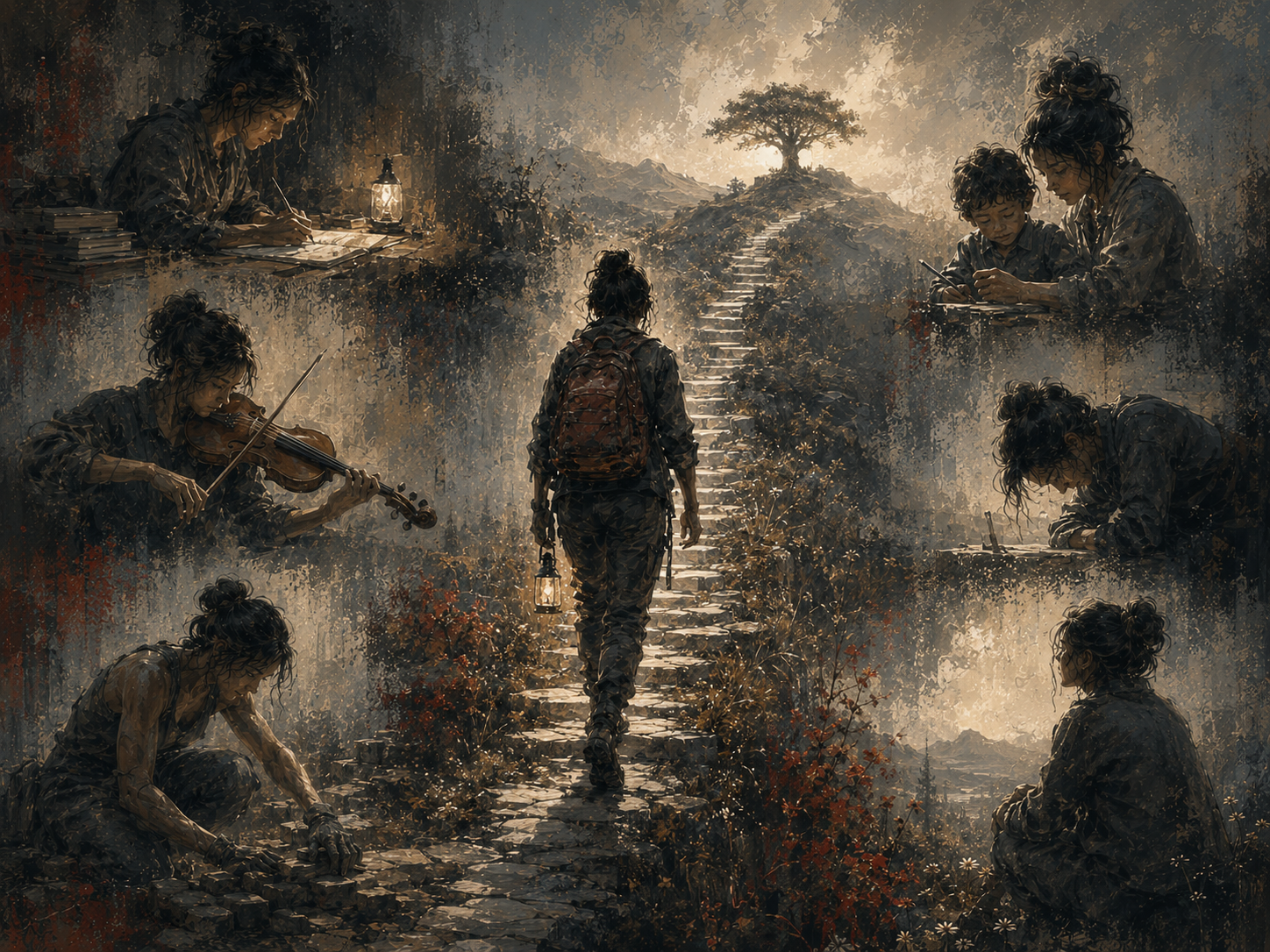 Painterly editorial illustration of a person walking up a rugged stone path toward a distant tree, surrounded by scenes of study, caregiving, music practice, physical effort, reflection, and long-term perseverance.